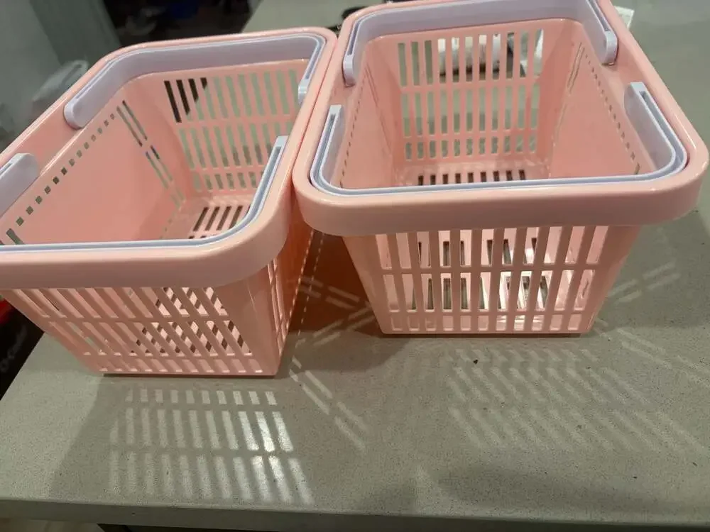 Set of 2 Light Pink Stackable Plastic Storage Baskets with Handles